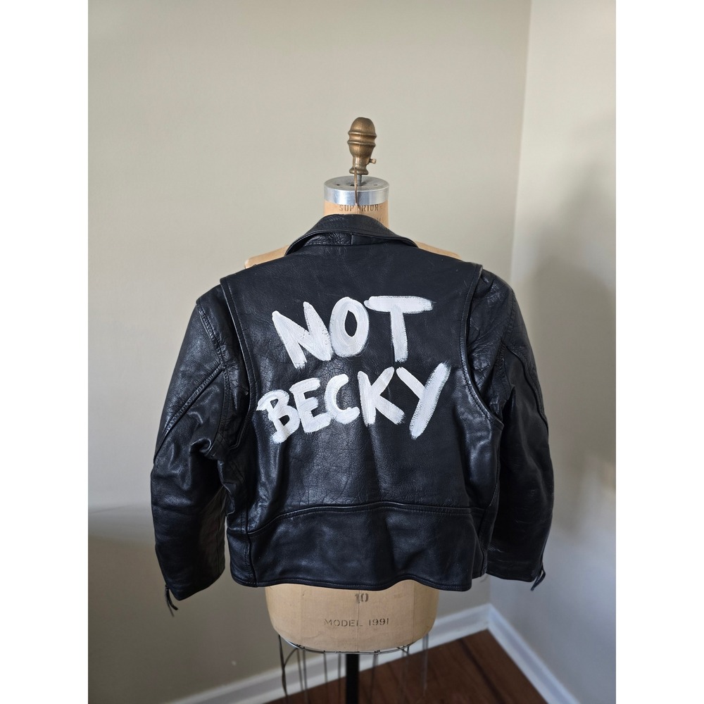 Vintage SteerBrand Black Leather Biker Jacket "NOT BECKY" Hand Painted Punk Moto